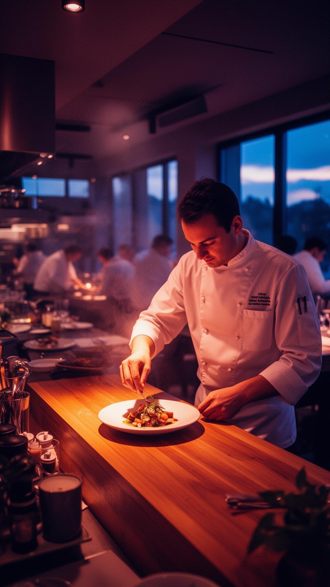 Chef finishing a plate on the pass in a modern restaurant at dusk