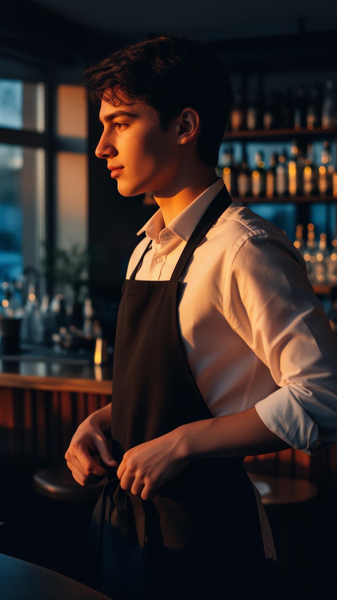 Young waiter tying an apron before the shift in a café at dusk